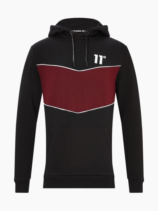 HOTTERSHOP 11 DEGREES CUT AND SEW PIPED RIB PANEL PULLOVER HOODIE BLACK RED
